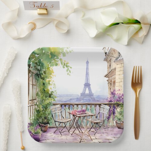 Watercolor Eiffel Tower Paris French Cafe Paper Plates