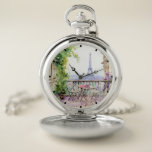 Watercolor Eiffel Tower Paris French Cafe Pocket Watch<br><div class="desc">Watercolor Eiffel Tower Paris French Cafe Pocket Watch features a watercolor french cafe seating area with Paris and the Eiffel Tower in the background. Created by Evco Studio www.zazzle.com/store/evcostudio</div>