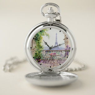Watercolor Eiffel Tower Paris French Cafe Pocket Watch
