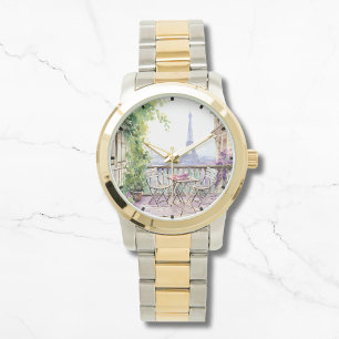 Watercolor Eiffel Tower Paris French Cafe Watch
