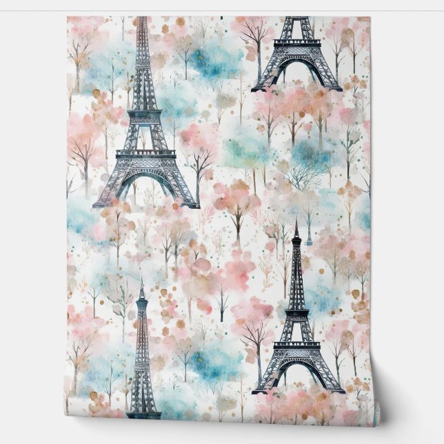 Watercolor Eiffel Tower Paris Pink Blue Wallpaper (Unrolling)
