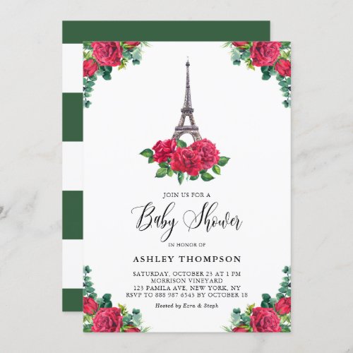 Watercolor Eiffel Tower Red Rose Paris Baby Shower Invitation