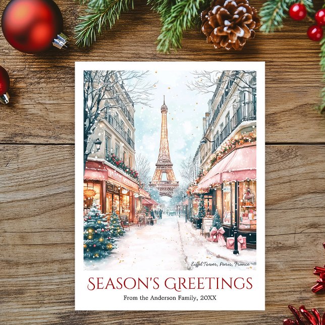 Watercolor Eiffel Tower Snow Paris France Travel Holiday Postcard (Watercolor Eiffel Tower & snowy city street in Paris France Travel Holiday Postcard.)