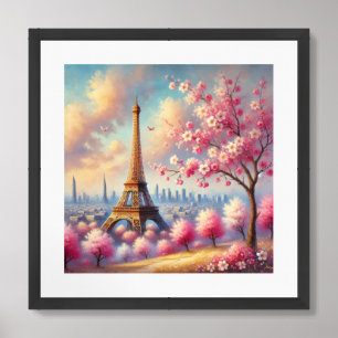 Watercolor Eiffel tower spring Paris scene Framed Art