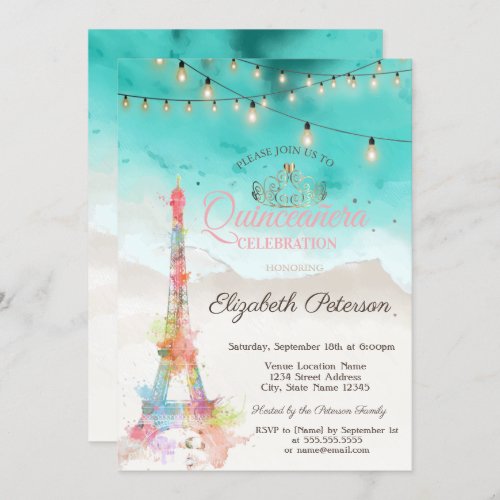 Watercolor Eiffel TowerTiara Beach Quinceaera Invitation