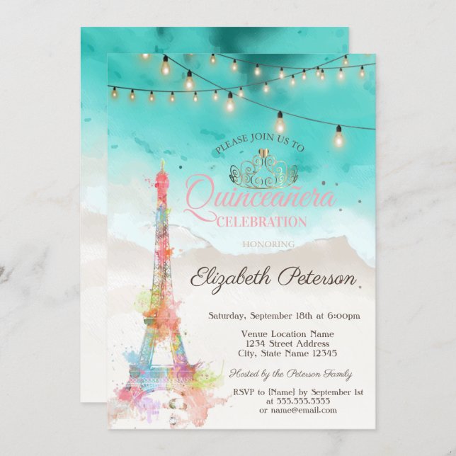 Watercolor Eiffel Tower,Tiara Beach Quinceañera Invitation (Front/Back)