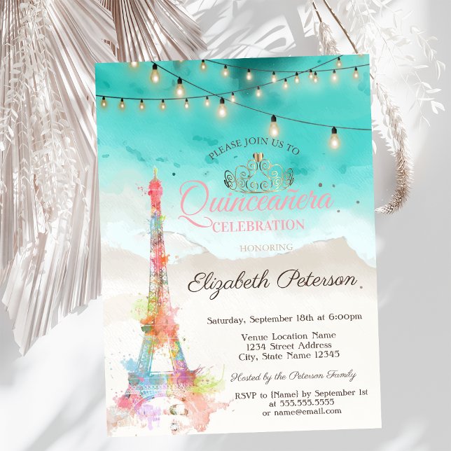 Watercolor Eiffel Tower,Tiara Beach Quinceañera Invitation (Creator Uploaded)