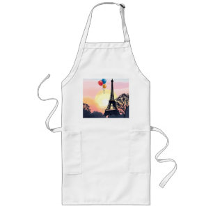Watercolor Eiffel Tower with Balloons Long Apron