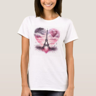 Watercolor Eiffel Tower with Hearts Fashion T-Shirt