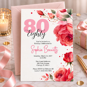 Watercolor Eighty Floral Rose 80th Birthday Party Invitation