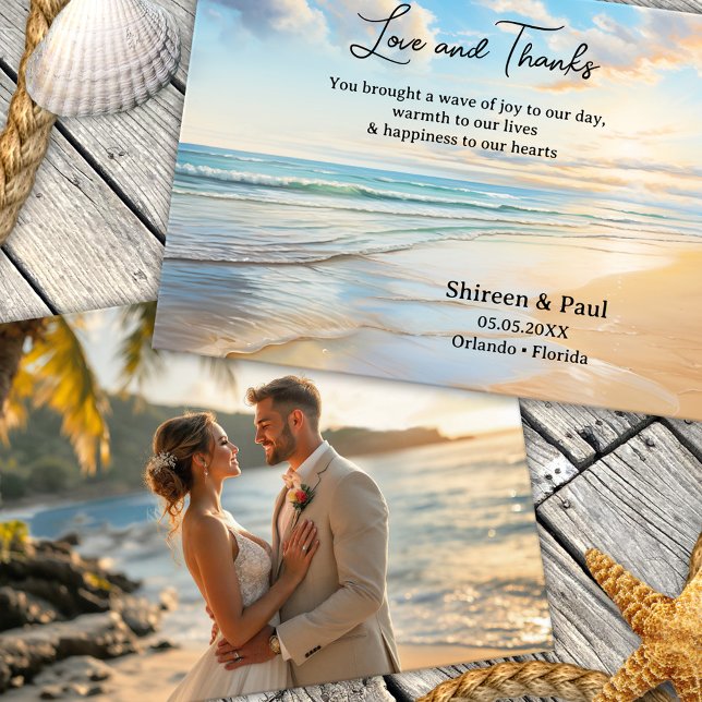 Watercolor Elegant Beach Wedding Photo  Thank You Card (Elegant beach wedding photo Thank You card with a watercolor painting of the beach on a sunny day)