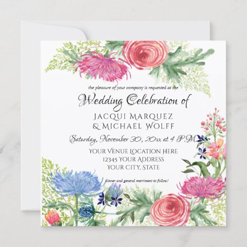 Watercolor Elegant Blue and Pink Floral Fern Leaf Invitation