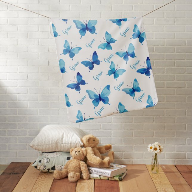 Watercolor Elegant Blue Butterflies Name Baby Blanket (In Situ)
