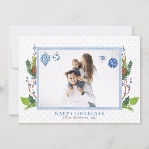 Watercolor Elegant Blue Chinoiserie One Photo Holiday Card