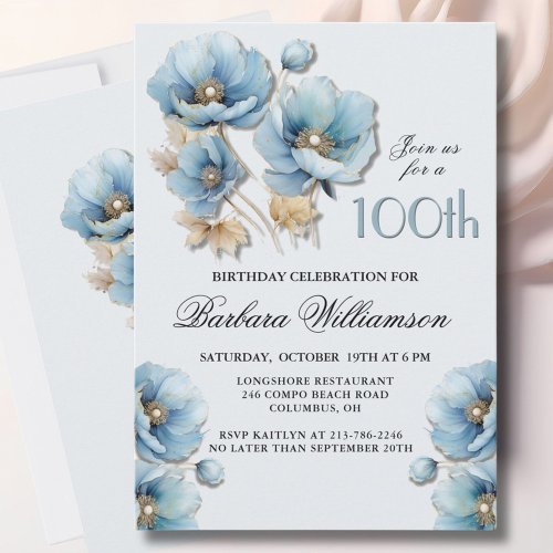 Watercolor Elegant Blue Gold Floral 100th Birthday