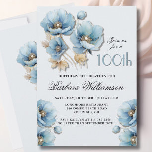 Watercolor Elegant Blue Gold Floral 100th Birthday Invitation