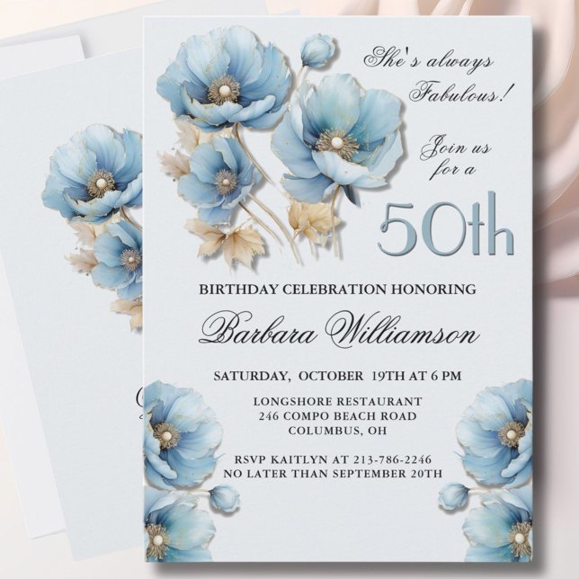 Watercolor Elegant Blue Gold Floral 50th Birthday Invitation (Creator Uploaded)