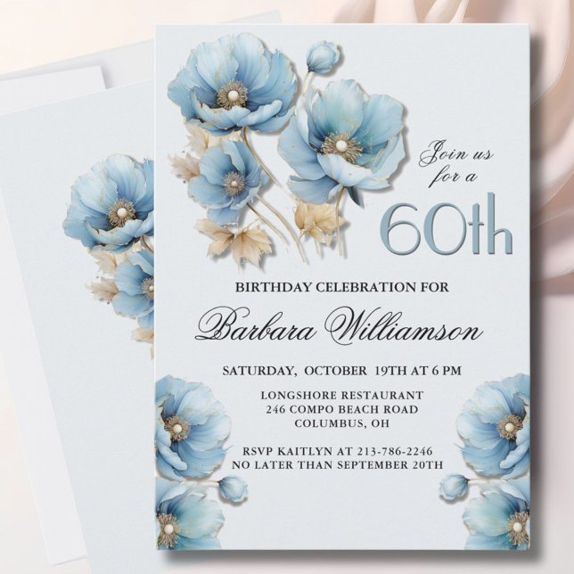 Watercolor Elegant Blue Gold Floral 60th Birthday Invitation (Creator Uploaded)