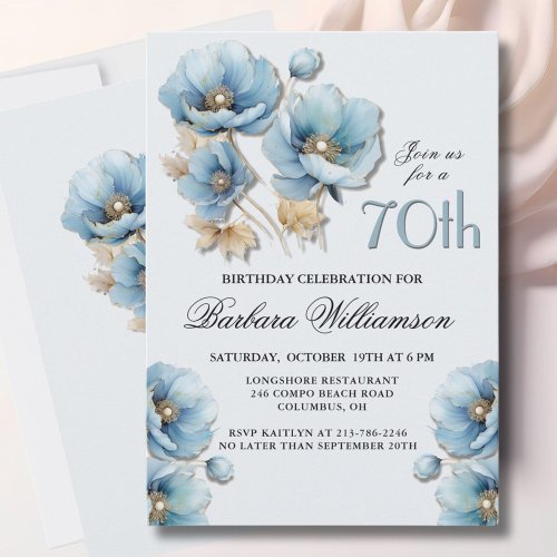 Watercolor Elegant Blue Gold Floral 70th Birthday