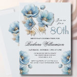 Watercolor Elegant Blue Gold Floral 80th Birthday Invitation<br><div class="desc">Start this special 60th birthday celebration in a elegant style with this beautiful watercolor invitation with colorful yet gentle blue poppies. All of the text can be personalized for your party including the guest of honor's age. If you have any special requests or require design assistance, just send a chat...</div>