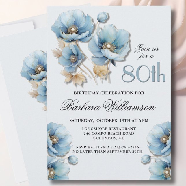 Watercolor Elegant Blue Gold Floral 80th Birthday Invitation (Creator Uploaded)