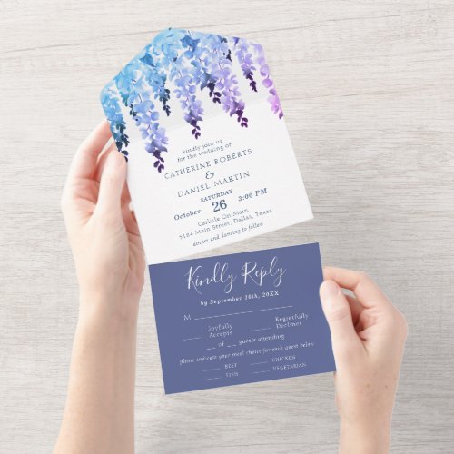 Watercolor Elegant Blue Purple Floral Wedding All In One Invitation