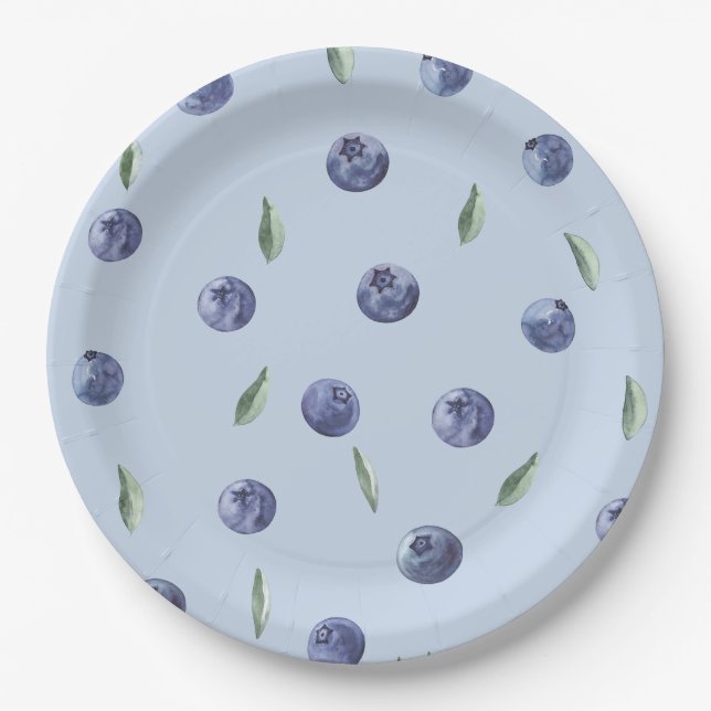 Watercolor  elegant blueberry baby shower paper plates (Front)