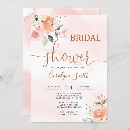 Watercolor Elegant Blush Floral Bridal Shower Invitation