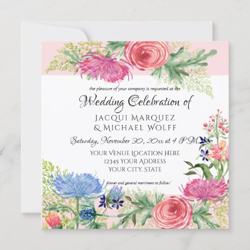 Watercolor Elegant Blush Pink Floral n Fern Leaf Invitation