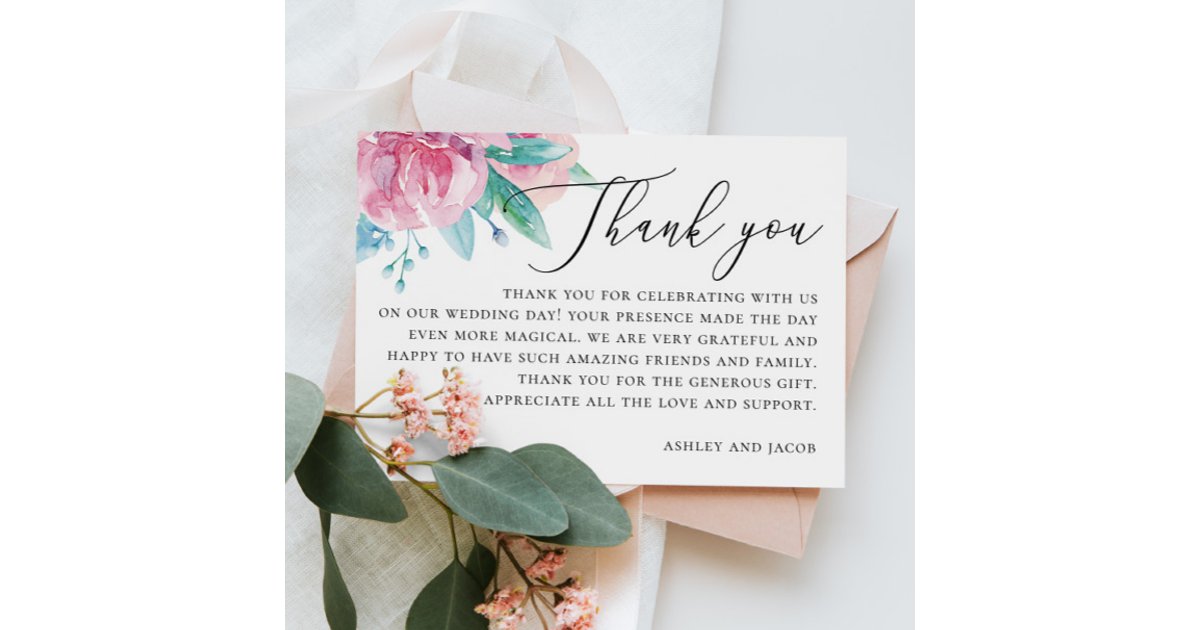 Watercolor elegant blush pink floral wedding thank you card | Zazzle