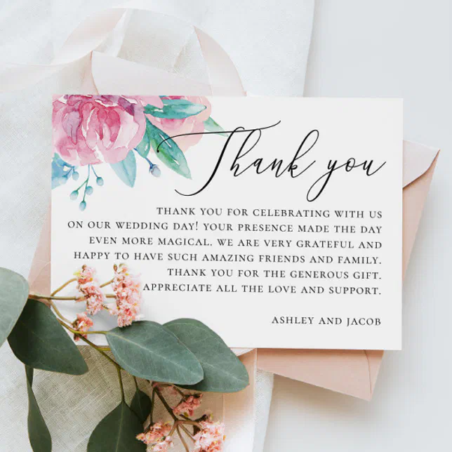 Watercolor elegant blush pink floral wedding thank you card | Zazzle