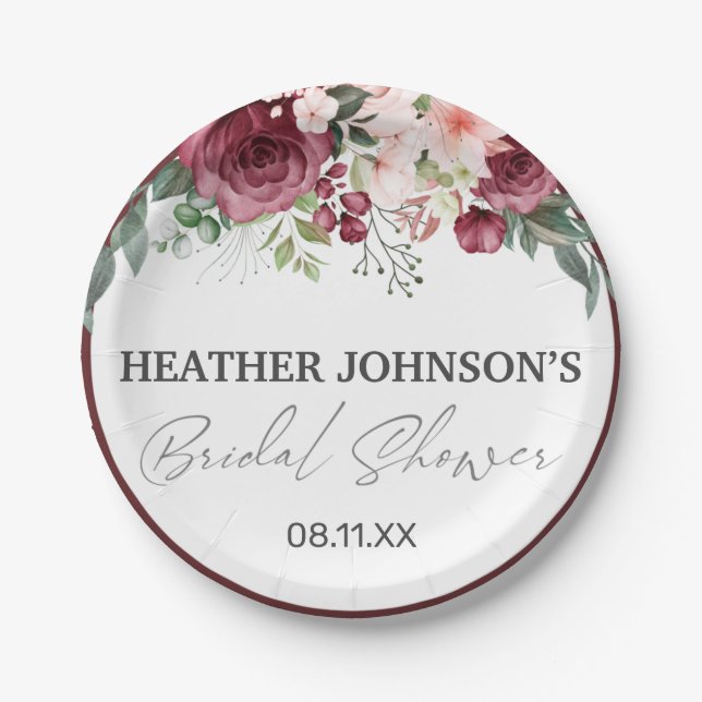 Watercolor Elegant Burgundy Floral Bridal Shower Paper Plates (Front)