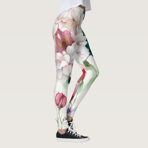 Watercolor elegant delicate asian floral pattern leggings