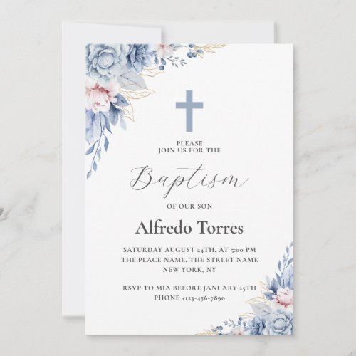 Watercolor Elegant Dusty Blue Floral Baby Baptism Invitation