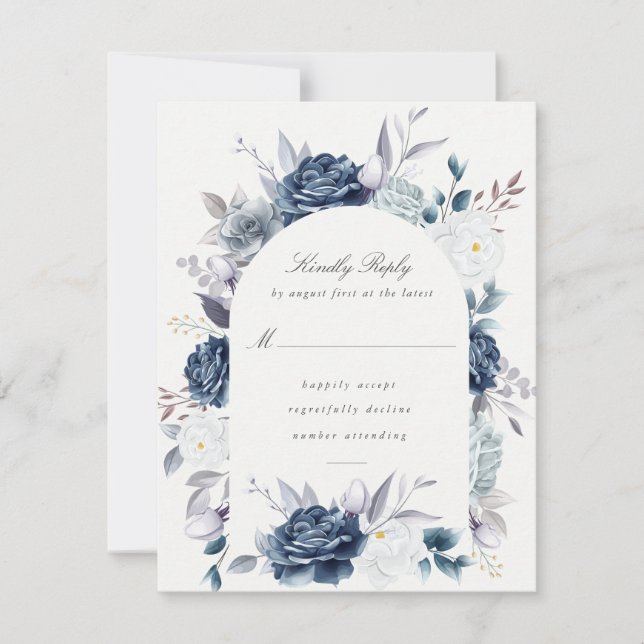 Watercolor Elegant Dusty Blue Floral rsvp Card (Front)
