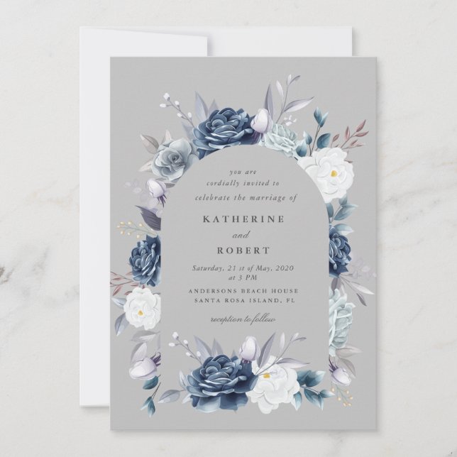 watercolor elegant dusty blue floral wedding invitation (Front)
