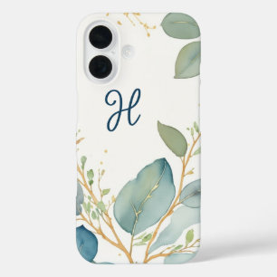 Watercolor elegant eucalyptus branch monogram iPhone 16 case