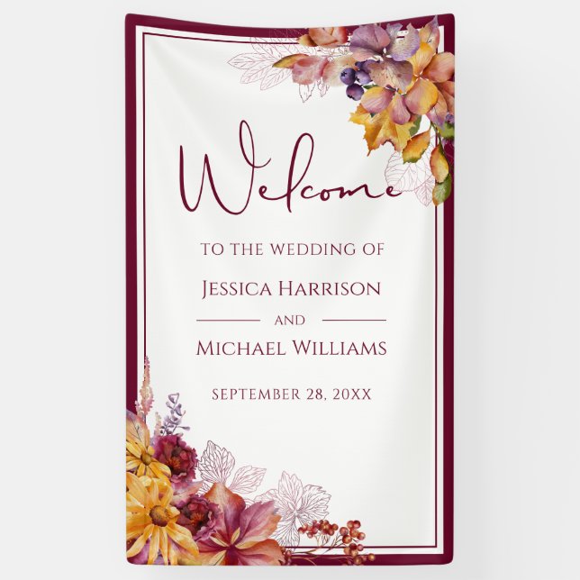 Watercolor Elegant Floral Fall Burgundy Wedding Banner (Vertical)