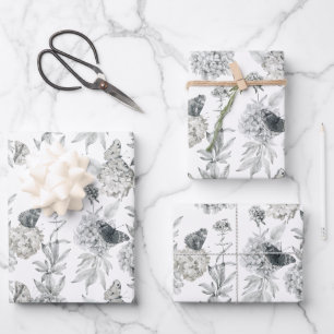 Watercolor Elegant Floral Gray Hydrangea Wrapping Paper Sheets