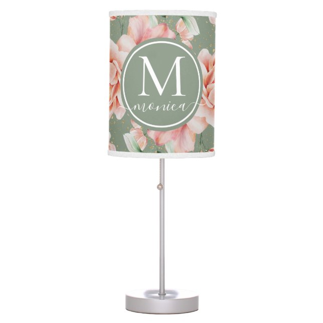 Watercolor Elegant Floral Monogrammed Table Lamp (Front)