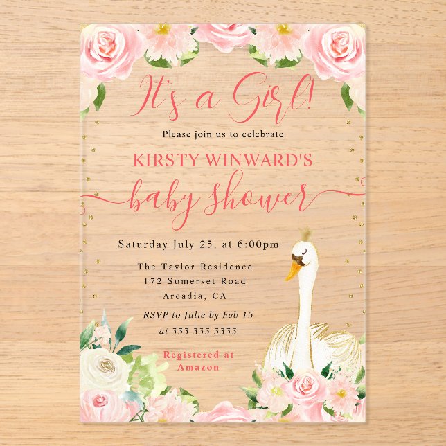 Watercolor Elegant Floral Swan Baby Shower Acrylic Invitations (Front)