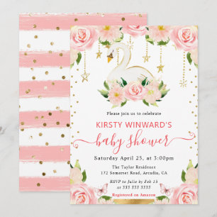 Watercolor Elegant Floral Swan Baby Shower Invitation