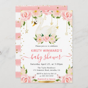 Watercolor Elegant Floral Swan Baby Shower Invitation