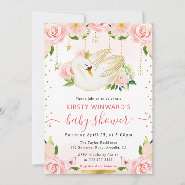 Watercolor Elegant Floral Swan Baby Shower Invitation (Front)