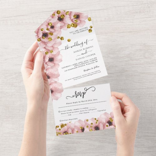 Watercolor Elegant Flowers Gold Wedding All In One Invitation