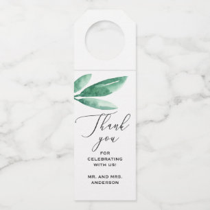 Watercolor elegant green botanical script wedding bottle hanger tag