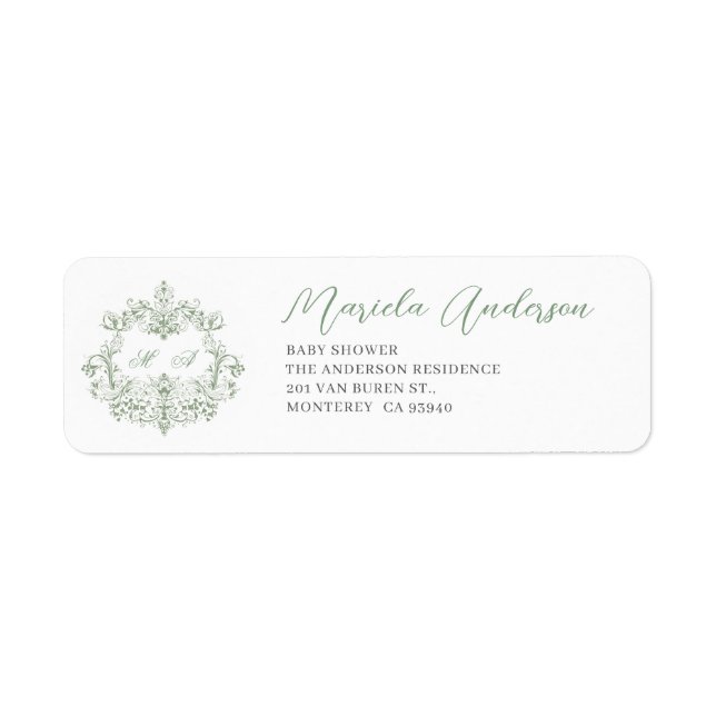 Watercolor Elegant green floral chinoiserie  baby  Label (Front)