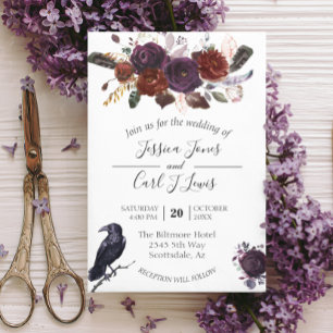 Watercolor Elegant Halloween Floral Crow Plum Inv Invitation
