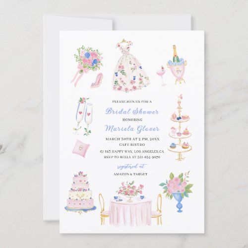 Watercolor Elegant hand drawn pink blue   Bridal S Invitation