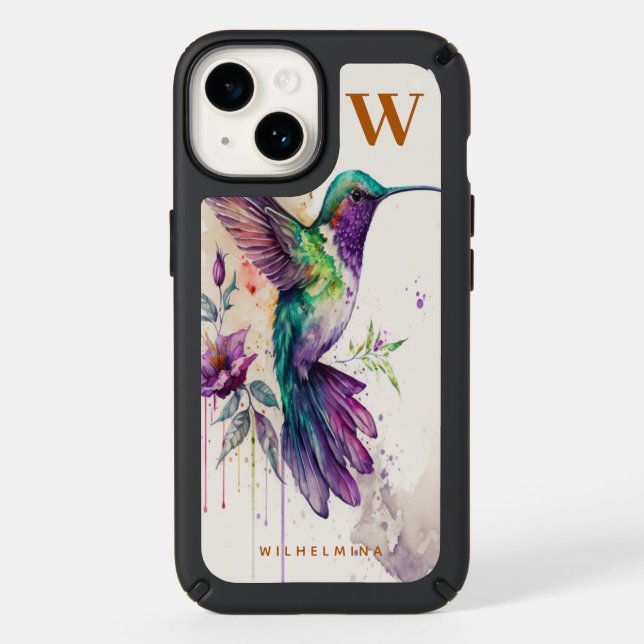 Watercolor Elegant Hummingbird Funny Monogram Name Speck iPhone Case (Front)